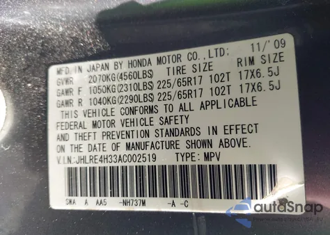 2010 Honda Cr-V Lx from USA, damaged, VIN JHLRE4H33AC002519